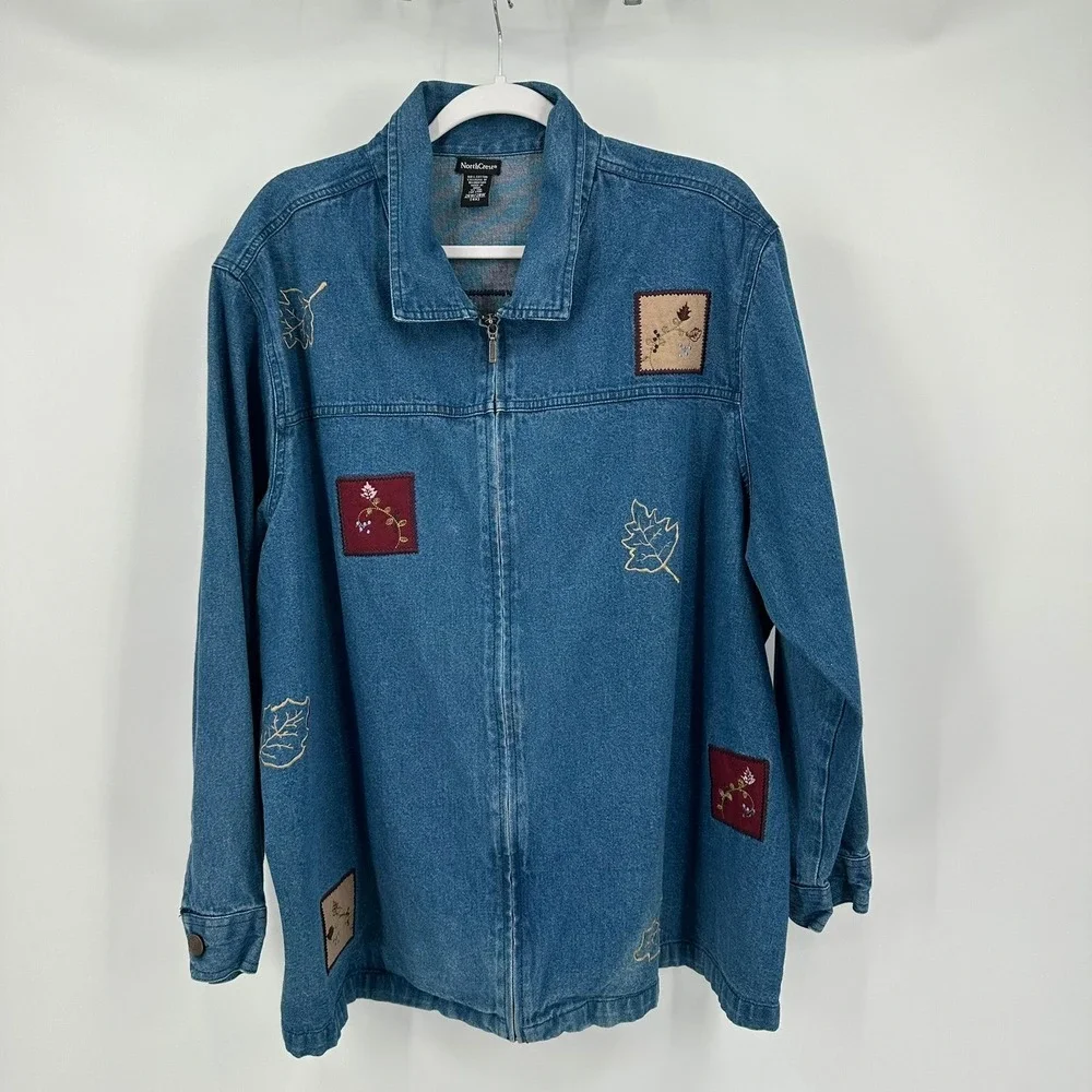 Womens Vintage Cottagecore Denim Jacket Size 4X Embroidered Grandma Patchwork